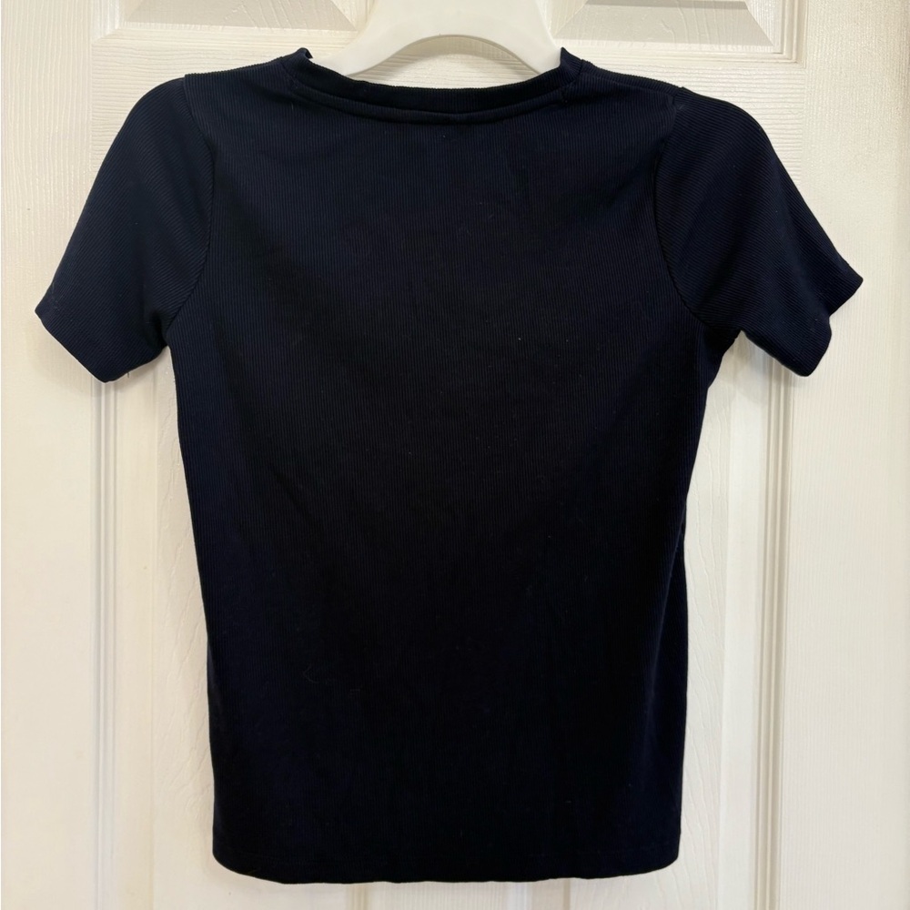 Charlotte Navy Ribbed Shirt with Rhinestone Flower Design - Picture 5 of 6